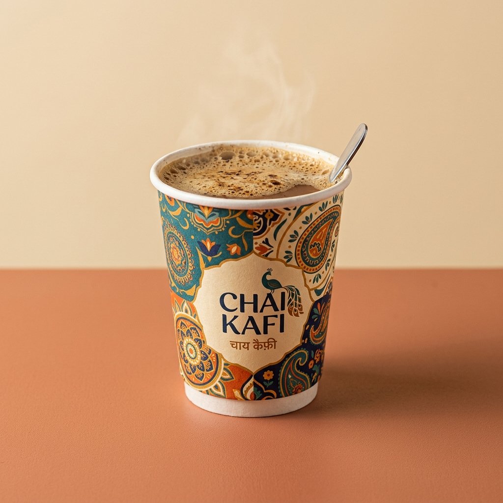 Branded paper chai cup featuring modern Indian aesthetic designs